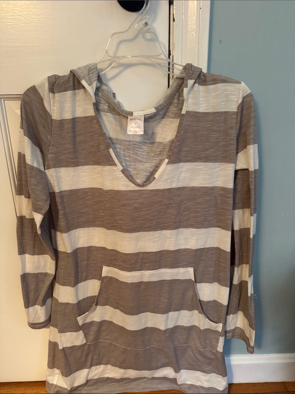 Merona Cream and Gray Striped Hooded Swim Tunic